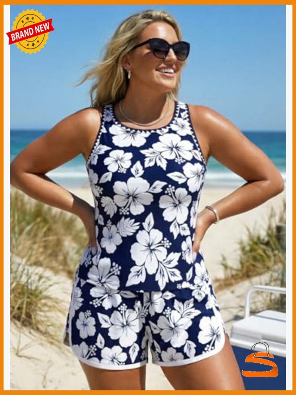 Modest Tankini Set with Board Shorts, Sleeveless Scoop Neck Tank Top, - Picture 6 of 7